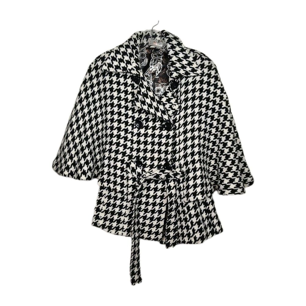 Steve Madden Wool-Blend Pea Coat Women's M Black/White Houndstooth Belted‎